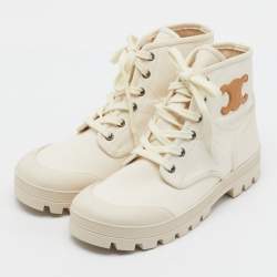 Pre Owned Celine Ivory Canvas Patapans Lace Up Ankle Boots Size 40