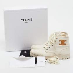 Pre Owned Celine Ivory Canvas Patapans Lace Up Ankle Boots Size 40