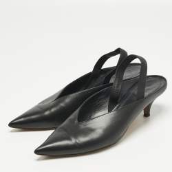 Pre Owned Feline Black Leather V Neck Slingback Pumps Size 39