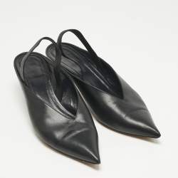 Pre Owned Feline Black Leather V Neck Slingback Pumps Size 39