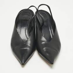 Pre Owned Feline Black Leather V Neck Slingback Pumps Size 39