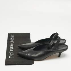Pre Owned Feline Black Leather V Neck Slingback Pumps Size 39