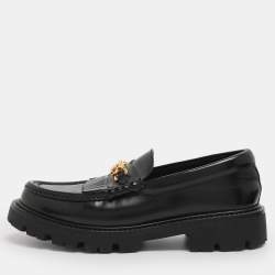 Pre Owned Celine Black Leather Luco Triomphe Chain Loafers Size 38