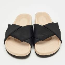 Pre Owned Celine Black/Beige Canvas Twist Flat Slide Size 40