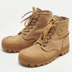 Pre Owned Celine Orange Canvas Patapans Lace Up Ankle Boots Size 38