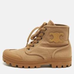 Pre Owned Celine Orange Canvas Patapans Lace Up Ankle Boots Size 38