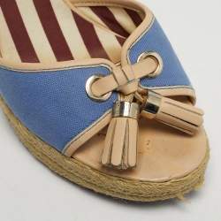 مملوكة مسبقًا صندل سيليين إسبادريل قماش أزرق/بيج بشرّابة كعب روكي مقاس 40