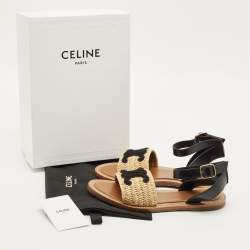 مملوكة مسبقًا Celine Size 39.5 Beige/Black Leather and Raffia Ankle Strap Flat Sandals