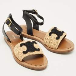 مملوكة مسبقًا Celine Size 39.5 Beige/Black Leather and Raffia Ankle Strap Flat Sandals