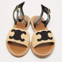 مملوكة مسبقًا Celine Size 39.5 Beige/Black Leather and Raffia Ankle Strap Flat Sandals