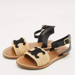 مملوكة مسبقًا Celine Size 39.5 Beige/Black Leather and Raffia Ankle Strap Flat Sandals