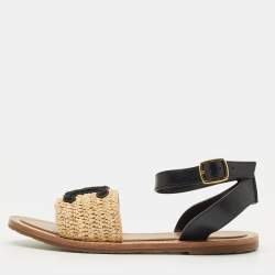 مملوكة مسبقًا Celine Size 39.5 Beige/Black Leather and Raffia Ankle Strap Flat Sandals