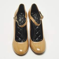 Pre Owned Celine Size 37 Beige Patent Leather Mary Jane Pumps