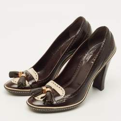 Pre Owned Celine Size 39.5 Brown Leather Tassel Loafer Block Heel Pumps