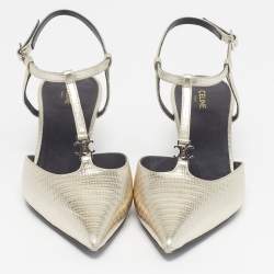 مملوكة مسبقًا حذاء كعب عالي سيلين جلد منقوش بلون معدني مقاس 37