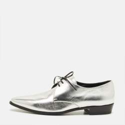 Pre Owned Celine Size 39 Metallic Silver Leather Lace Up Oxfords