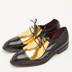 Pre Owned Celine Size 38 Black Leather Gold Metal Plate Detail Lace Up Derby