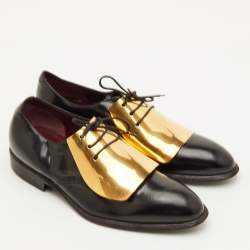 Pre Owned Celine Size 38 Black Leather Gold Metal Plate Detail Lace Up Derby