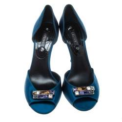 Céline Blue Satin Crystal Embellished D’orsay Peep Toe Pumps Size 39