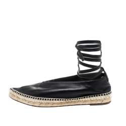 Celine Black Leather Pointed Toe Ankle Wrap Espadrilles Flats Size 37