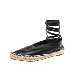 Celine Black Leather Pointed Toe Ankle Wrap Espadrilles Flats Size 37