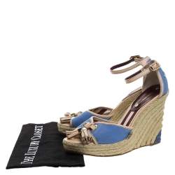 Celine Blue Canvas And Beige Leather Tassel Espadrille Wedge Platform Ankle Strap Sandals Size 38