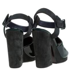 Pre Owned Celine Green Patent Leather And Suede Ankle Strap Open Toe Platform Sandals Size 37.5