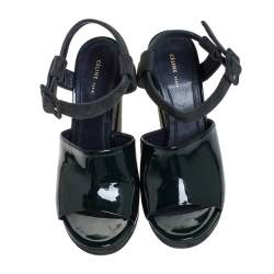 Pre Owned Celine Green Patent Leather And Suede Ankle Strap Open Toe Platform Sandals Size 37.5