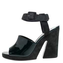 Pre Owned Celine Green Patent Leather And Suede Ankle Strap Open Toe Platform Sandals Size 37.5