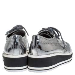 Prada Metallic Silver Brogue Leather Platform Low Top Sneakers Size 38