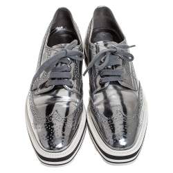 Prada Metallic Silver Brogue Leather Platform Low Top Sneakers Size 38