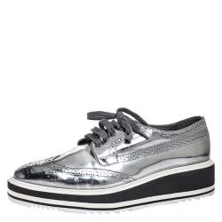 Prada Metallic Silver Brogue Leather Platform Low Top Sneakers Size 38