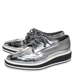 Prada Metallic Silver Brogue Leather Platform Low Top Sneakers Size 38