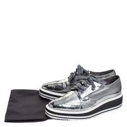 Prada Metallic Silver Brogue Leather Platform Low Top Sneakers Size 38