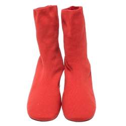 Pre Owned Celine Orange Stretch Knit Fabric Sock Block Heel Ankle Boots Size 39.5
