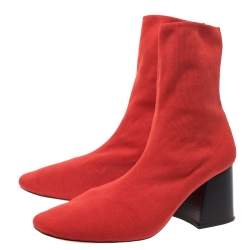 Pre Owned Celine Orange Stretch Knit Fabric Sock Block Heel Ankle Boots Size 39.5