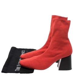 Pre Owned Celine Orange Stretch Knit Fabric Sock Block Heel Ankle Boots Size 39.5