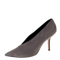 Pre Owned Celine Grey Nubuck Leather V Neck Pointed Toe Pumps Size 38.5