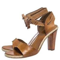 Pre Owned Celine Brown Leather Espadrille Ankle Wrap Open Toe Sandals Size 40