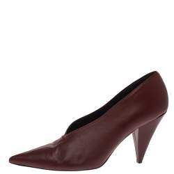 Pre Owned Celine Burgundy Leather V Neck Nappa Pumps Size 41
