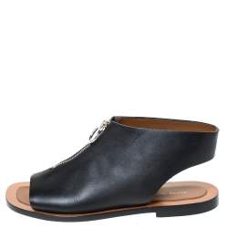 Pre Owned Celine Black Leather Zip Detail Open Toe Flat Sandals Size 40