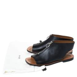 Pre Owned Celine Black Leather Zip Detail Open Toe Flat Sandals Size 40