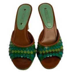 Pre Owned Celine Green Patent And Leather Trim Scalloped Open Toe Sandals Size 40