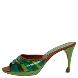 Pre Owned Celine Green Patent And Leather Trim Scalloped Open Toe Sandals Size 40