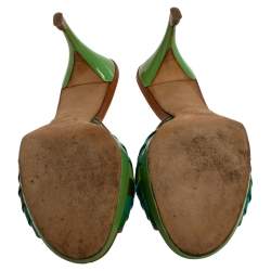 Pre Owned Celine Green Patent And Leather Trim Scalloped Open Toe Sandals Size 40