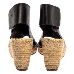 Celine Black Leather Open Toe Espadrilles Wedge Sandals Size 37
