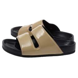 Pre Owned Celine Beige Patent Leather Flat Slide Sandals Size 37