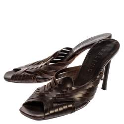 Pre Owned Celine Dark Brown Leather Vintage Strappy Slide Sandals Size 38.5