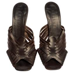 Pre Owned Celine Dark Brown Leather Vintage Strappy Slide Sandals Size 38.5