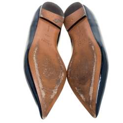 Pre Owned Celine Teal Blue Patent Leather V Neck Ballet Flats Size 37.5